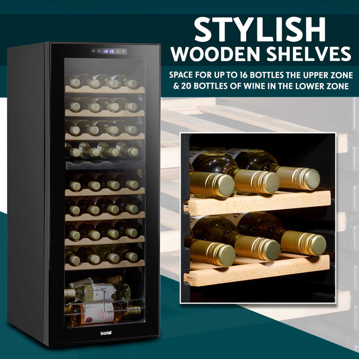 Baridi 36 Bottle Dual Zone Wine Cooler, Fridge, Touch Controls, Wooden Shelves, LED - DH91