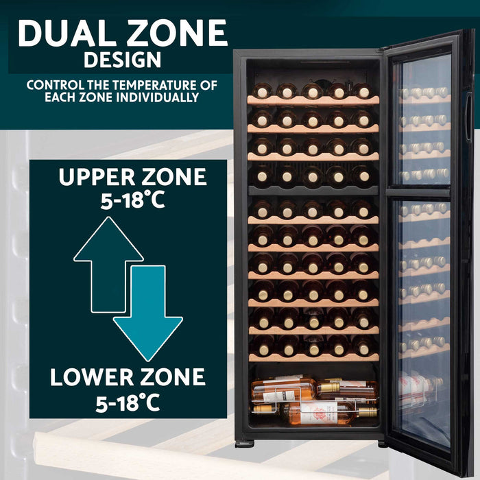 Baridi 55 Bottle Dual Zone Wine Cooler, Fridge, Touch Controls, Wooden Shelves, LED - DH93