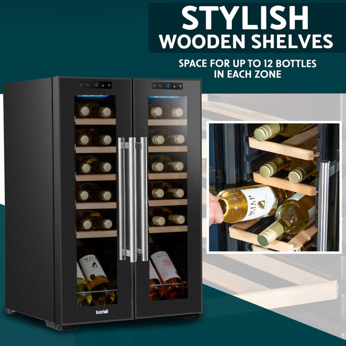 Baridi 24 Bottle Dual Zone Wine Cooler, Fridge, Touch Screen, LED Light, Mirror Glass Door - DH97