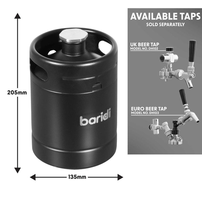 Baridi Stainless Steel Growler Keg 2L, Matte Black suitable for Soft Drinks and Beer- DH99
